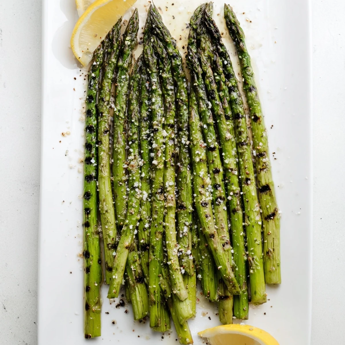 Freshly grilled asparagus with flaky sea salt and lemon juice, ready to serve as a vibrant vegan side dish.