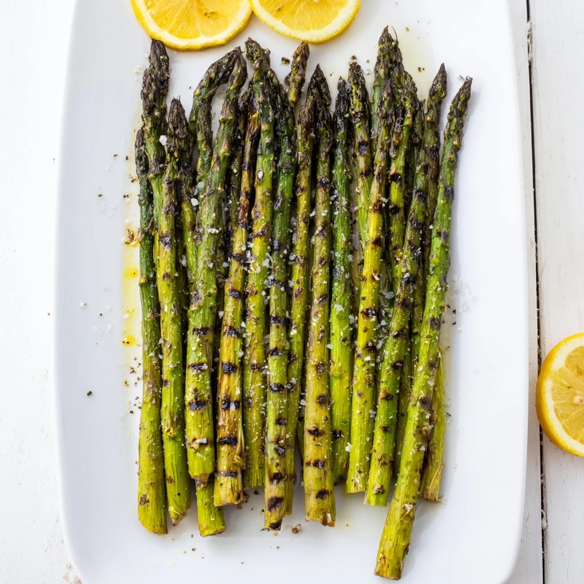Grilled Asparagus spears, charred and glistening with olive oil, served with fresh lemon wedges on a rustic platter.