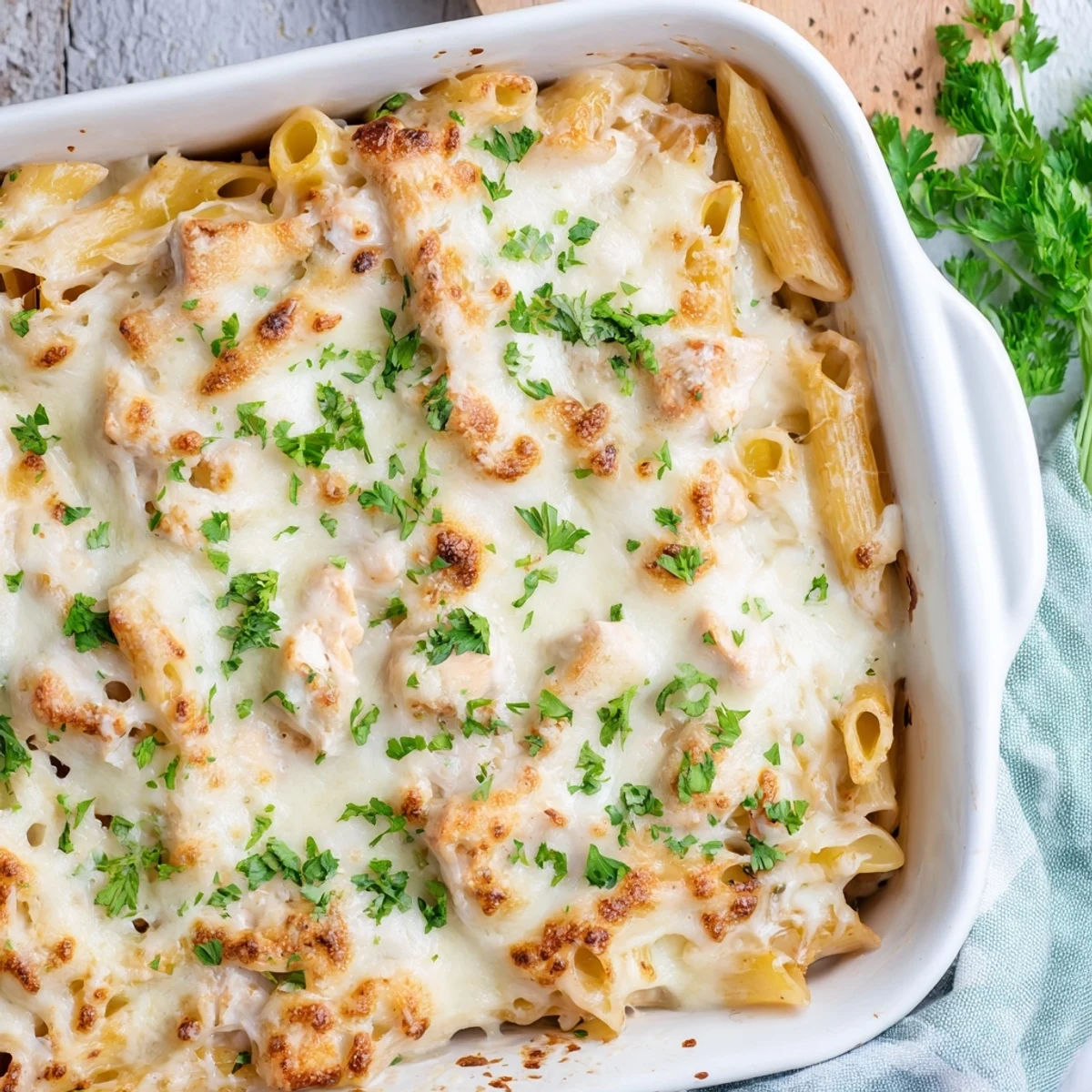 Creamy penne and tender chicken Chicken Alfredo Bake served in a rustic casserole dish.