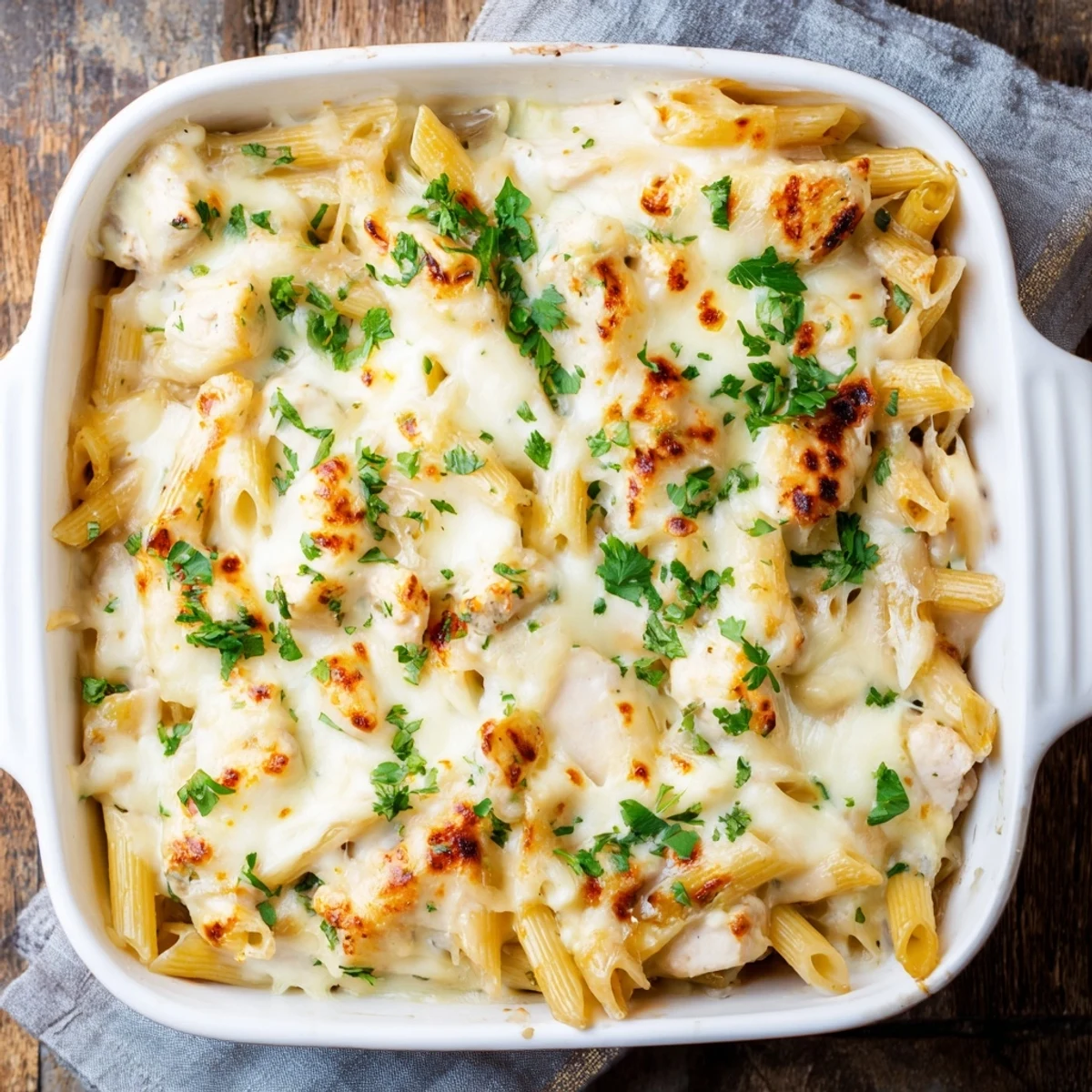 Spoon serving up cheesy Chicken Alfredo Bake next to a crisp green salad.