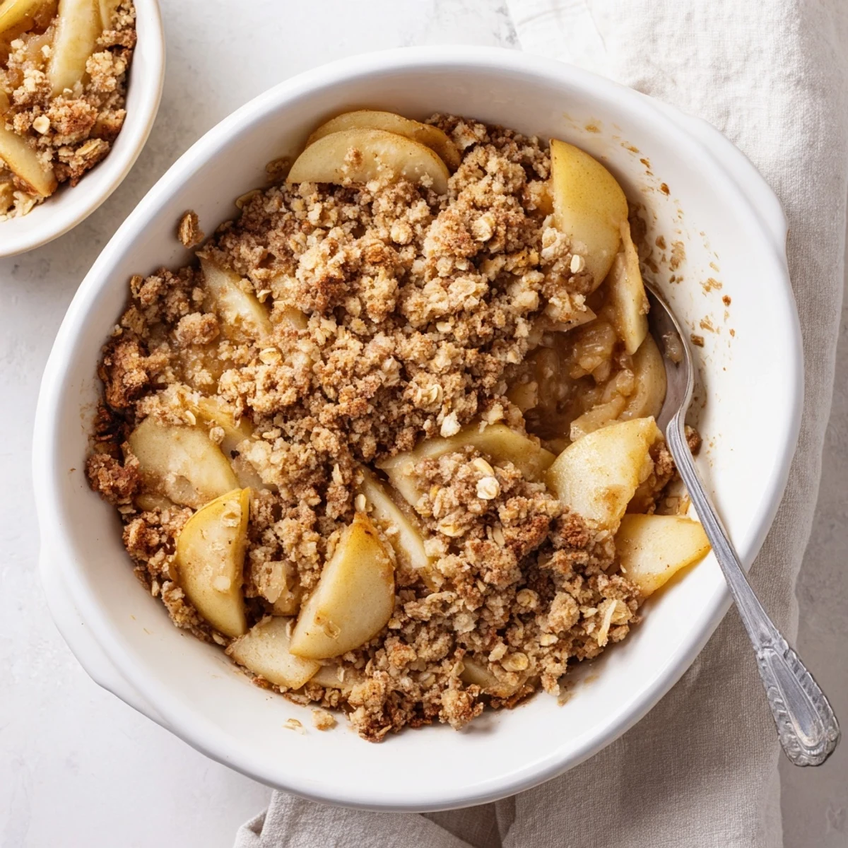 Close-up of Apple Crumble showing crunchy oat crumble topping over tender baked apples, ready to be served for dessert.