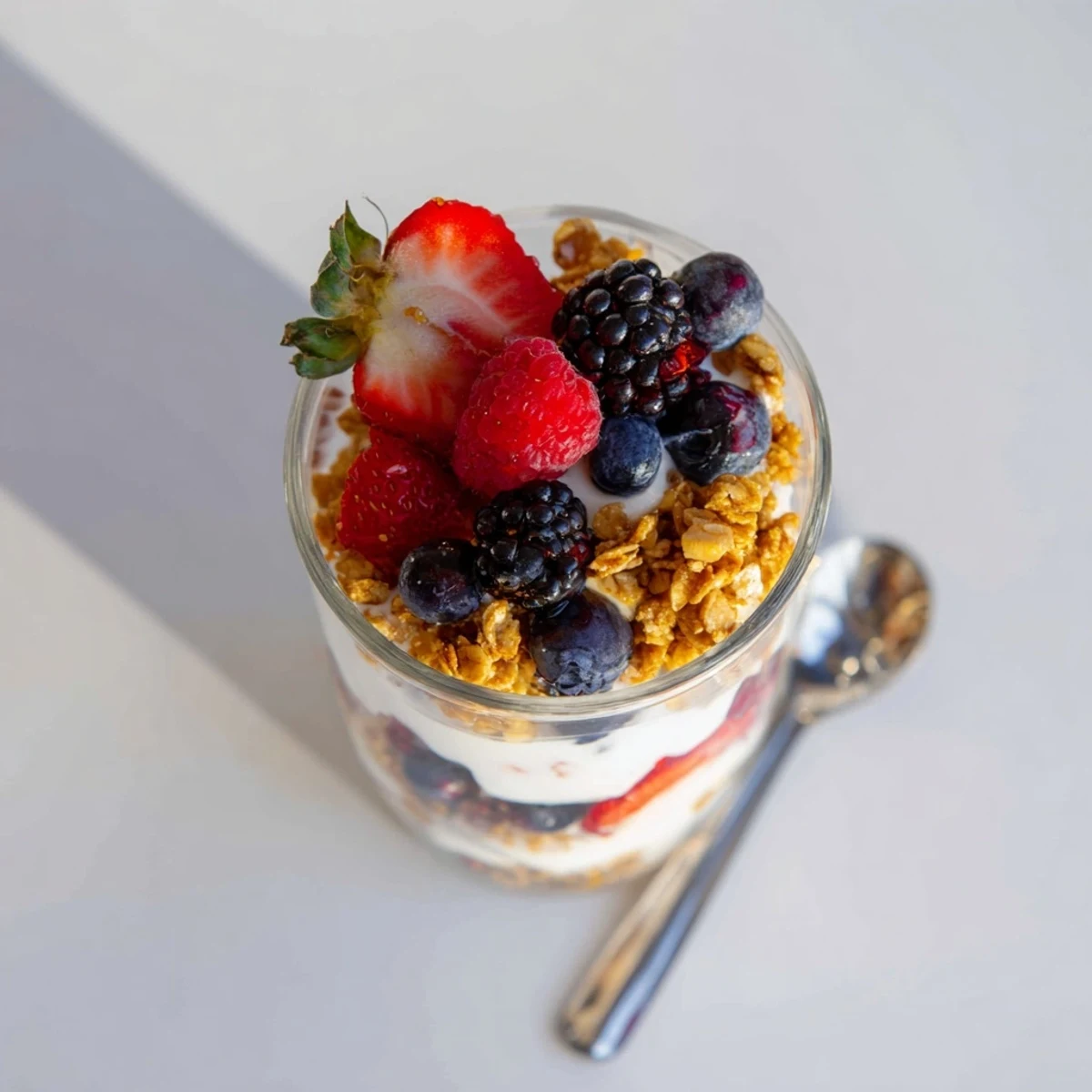 Layered Berry Parfait in a glass with creamy yogurt, crunchy granola, and fresh berries.