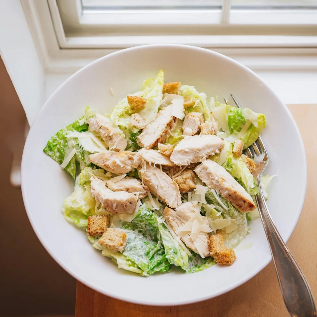 Freshly grilled chicken slices rest on crisp romaine lettuce in this Chicken Caesar Salad, topped with golden croutons and shaved Parmesan.