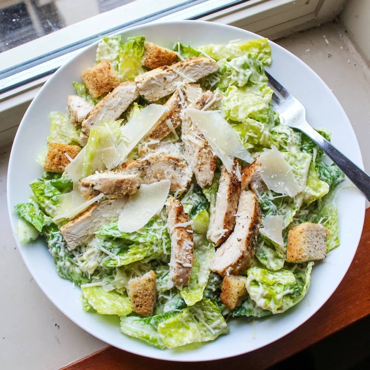 Ready to serve, this vibrant Chicken Caesar Salad features juicy grilled chicken, crunchy croutons, and rich Parmesan on chilled greens.