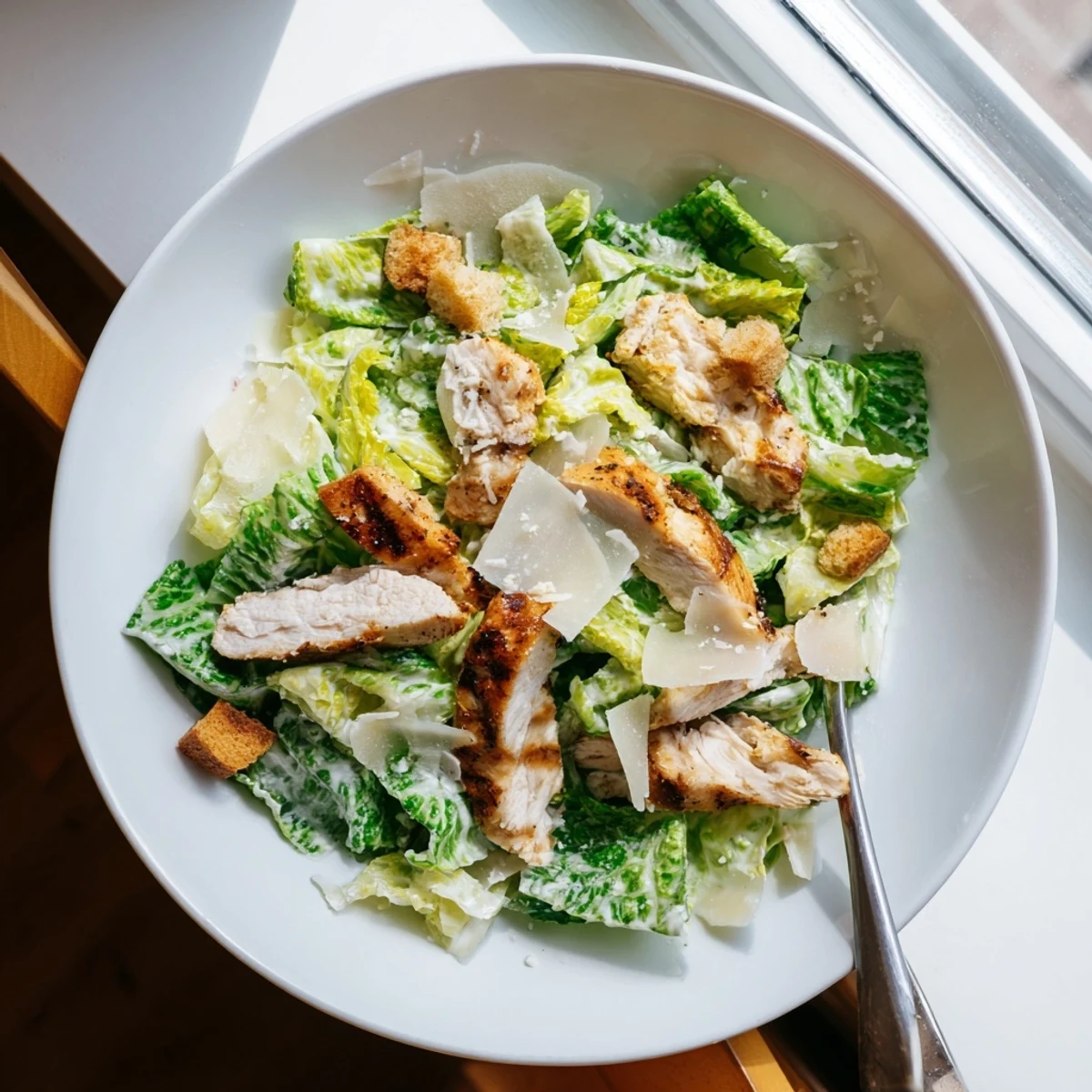 A close-up of creamy Caesar dressing drizzled over a hearty Chicken Caesar Salad, with lemon wedges and grated Parmesan nearby.