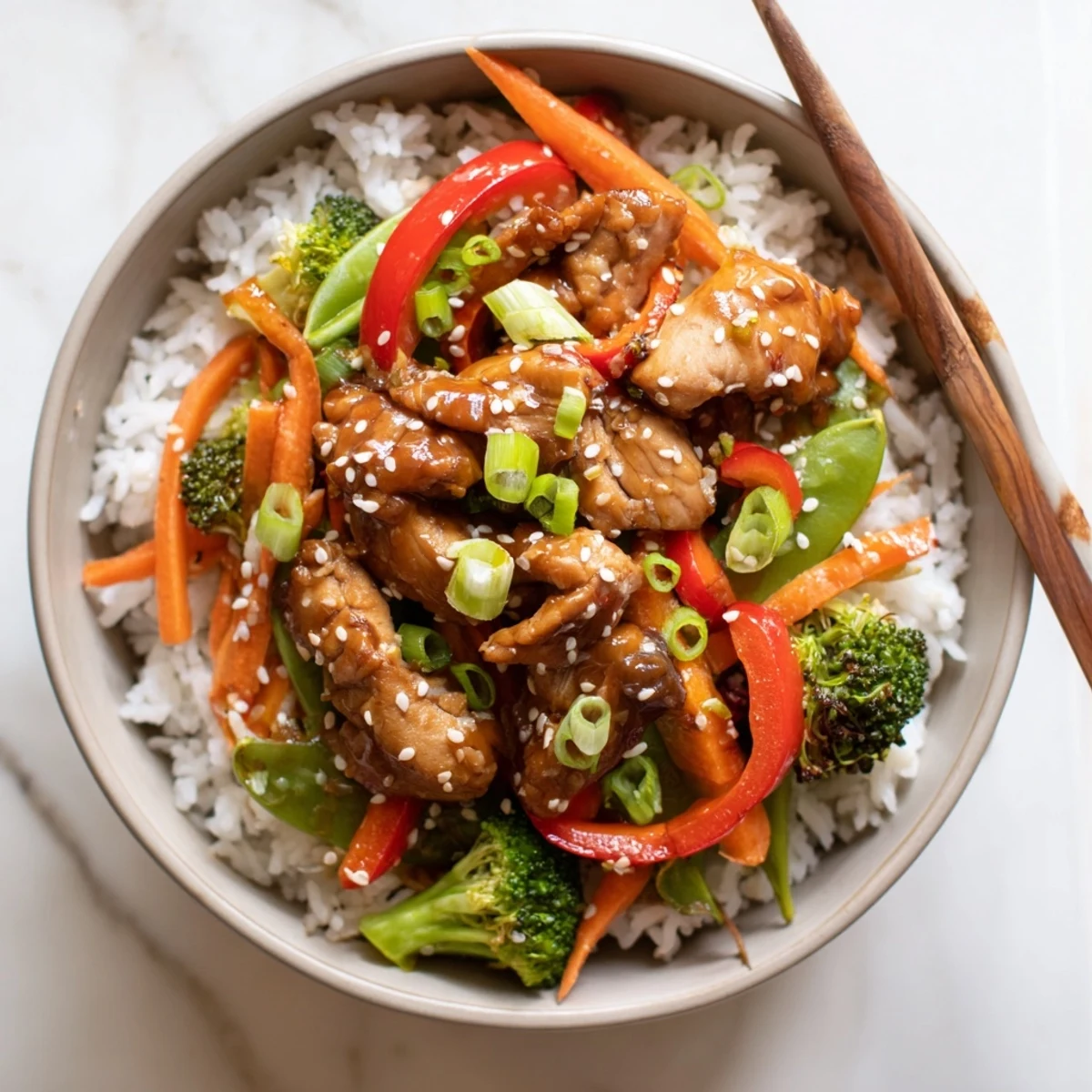 Steaming teriyaki chicken bowl filled with glazed chicken, sautéed vegetables, and fluffy rice, topped with sesame seeds and sliced green onions.