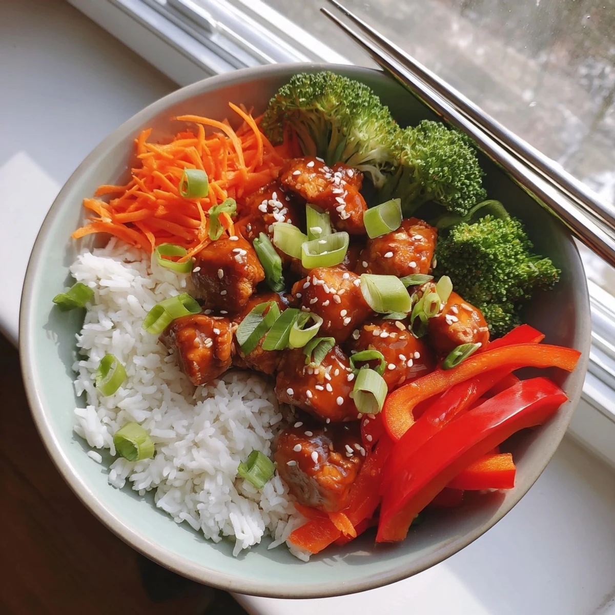 Savory Japanese teriyaki chicken bowl garnished with green onions and sesame seeds, ready to enjoy for an easy weeknight dinner.