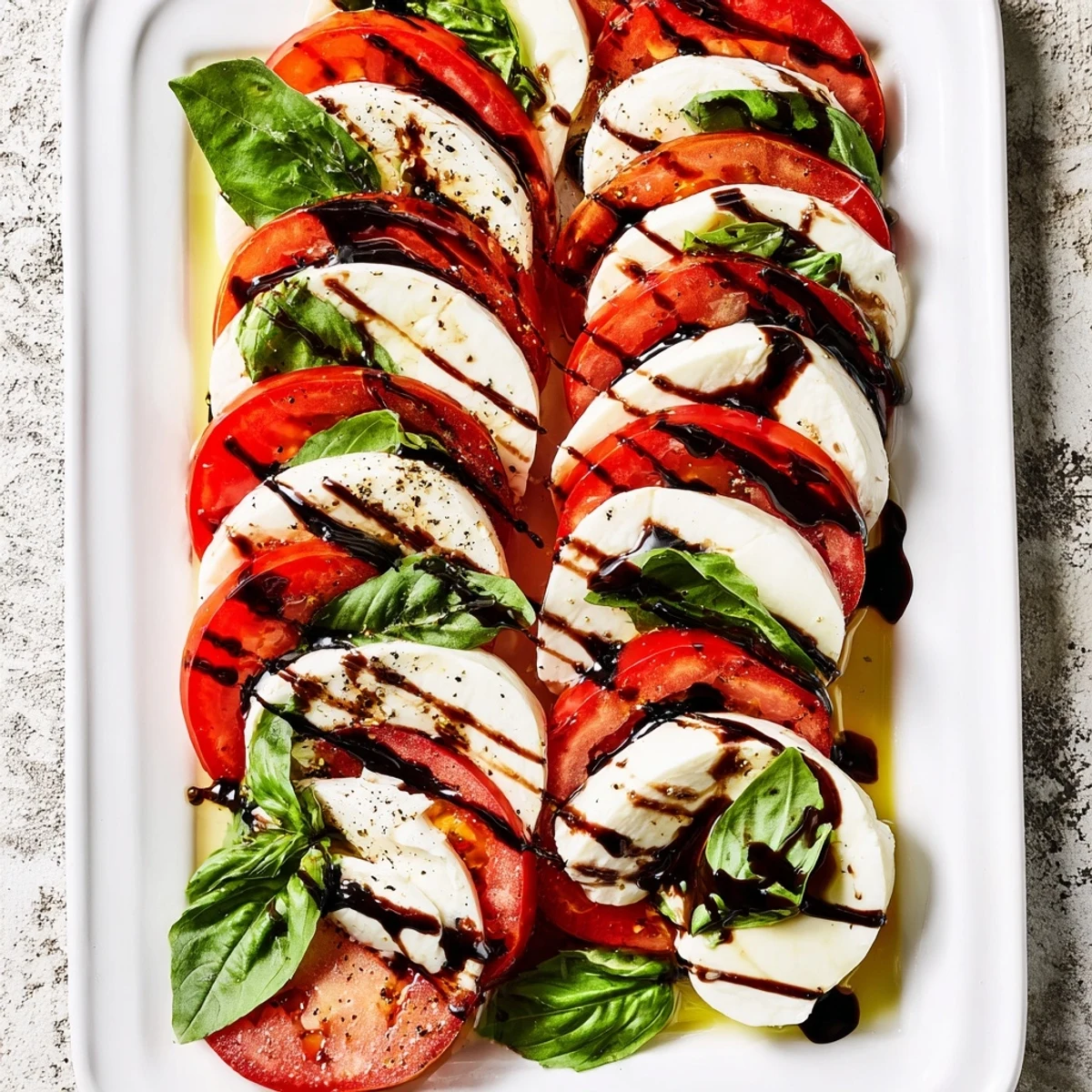 Freshly sliced ripe tomatoes and creamy mozzarella arranged with fragrant basil on a platter, drizzled with balsamic glaze for Caprese Salad. 