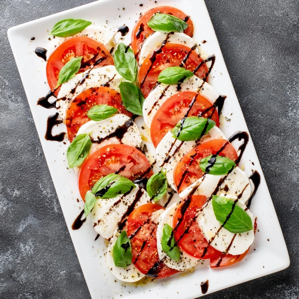 A close-up of juicy tomato slices and soft mozzarella, garnished with basil and olive oil, highlighting a classic Caprese Salad appetizer.