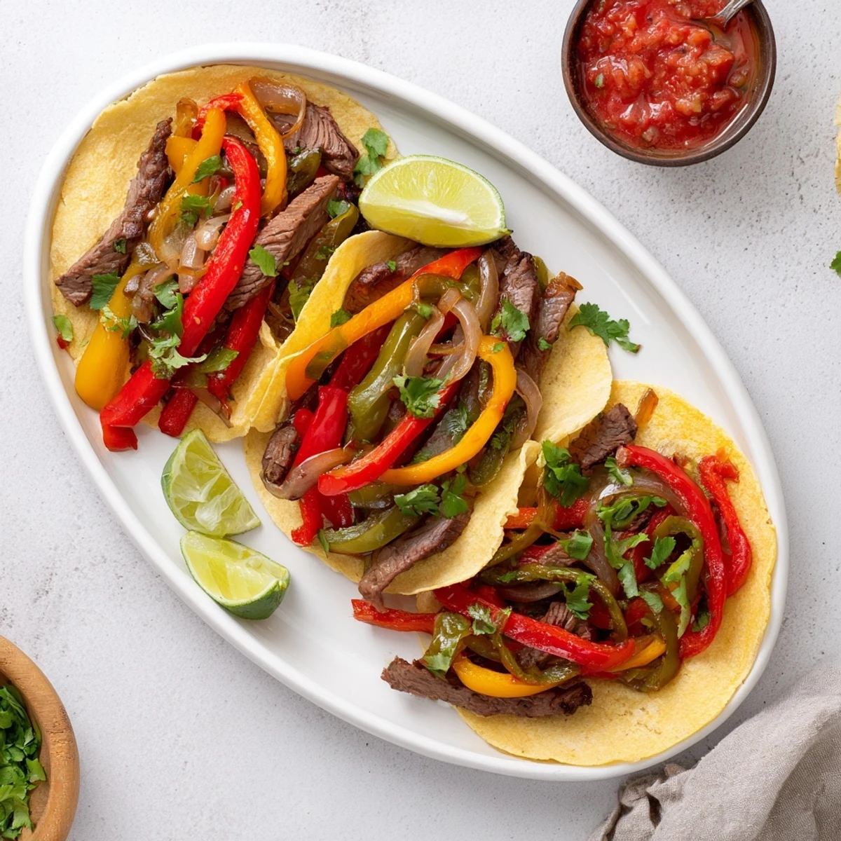 Sizzling Steak Fajitas with charred peppers and onions, ready to be wrapped in warm tortillas.
