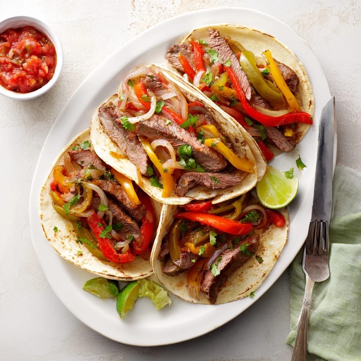 Plated Steak Fajitas alongside warm tortillas, vibrant peppers, onions, and a side of cool guacamole.