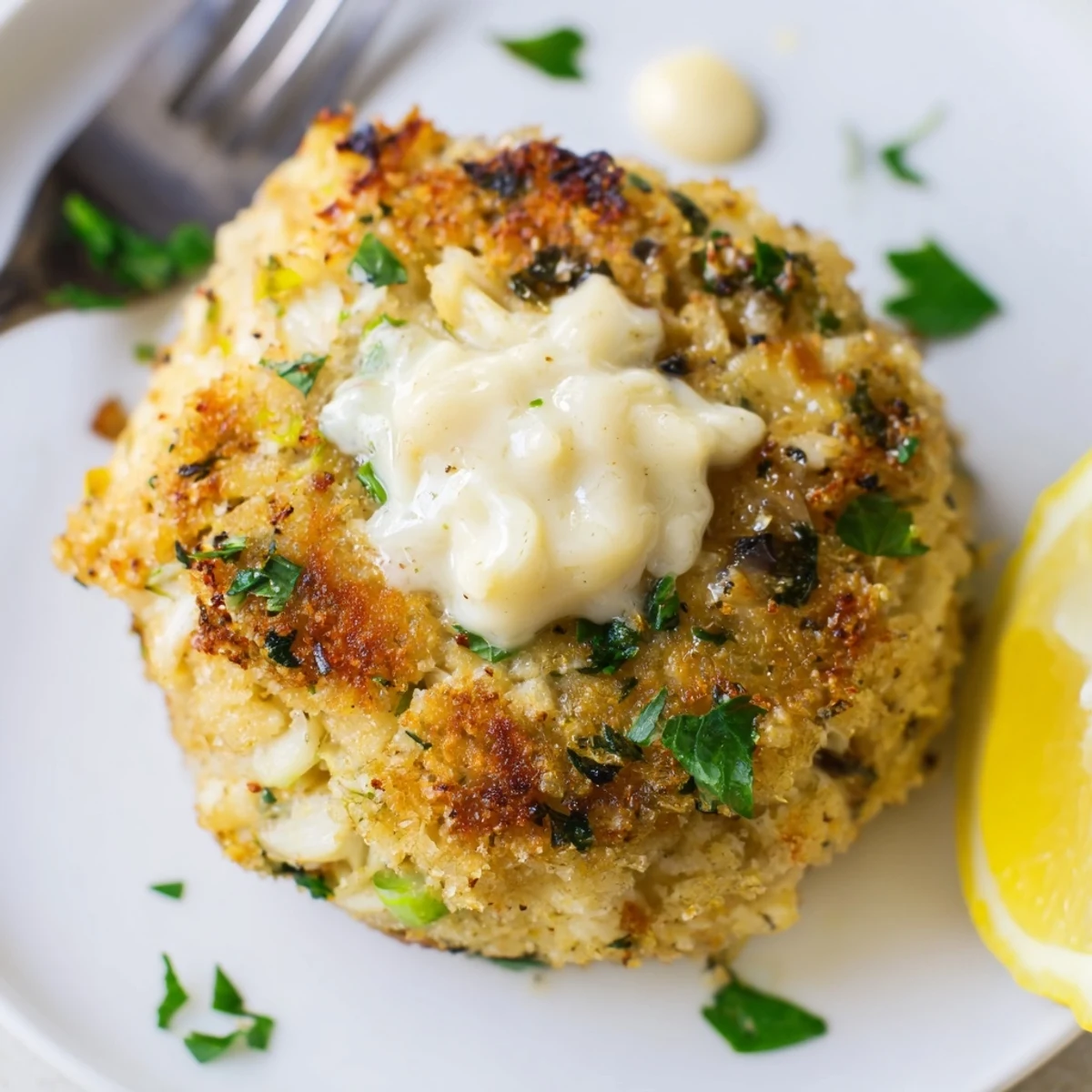 Golden-brown Crab Cakes rest on a plate next to a creamy dipping sauce and fresh lemon wedges.