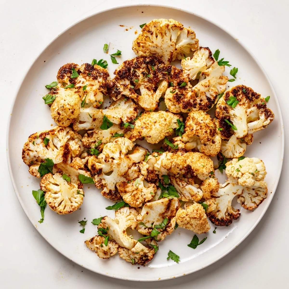 Golden-brown Roasted Cauliflower florets with smoked paprika, arranged on a baking sheet with fresh parsley and lemon wedges.
