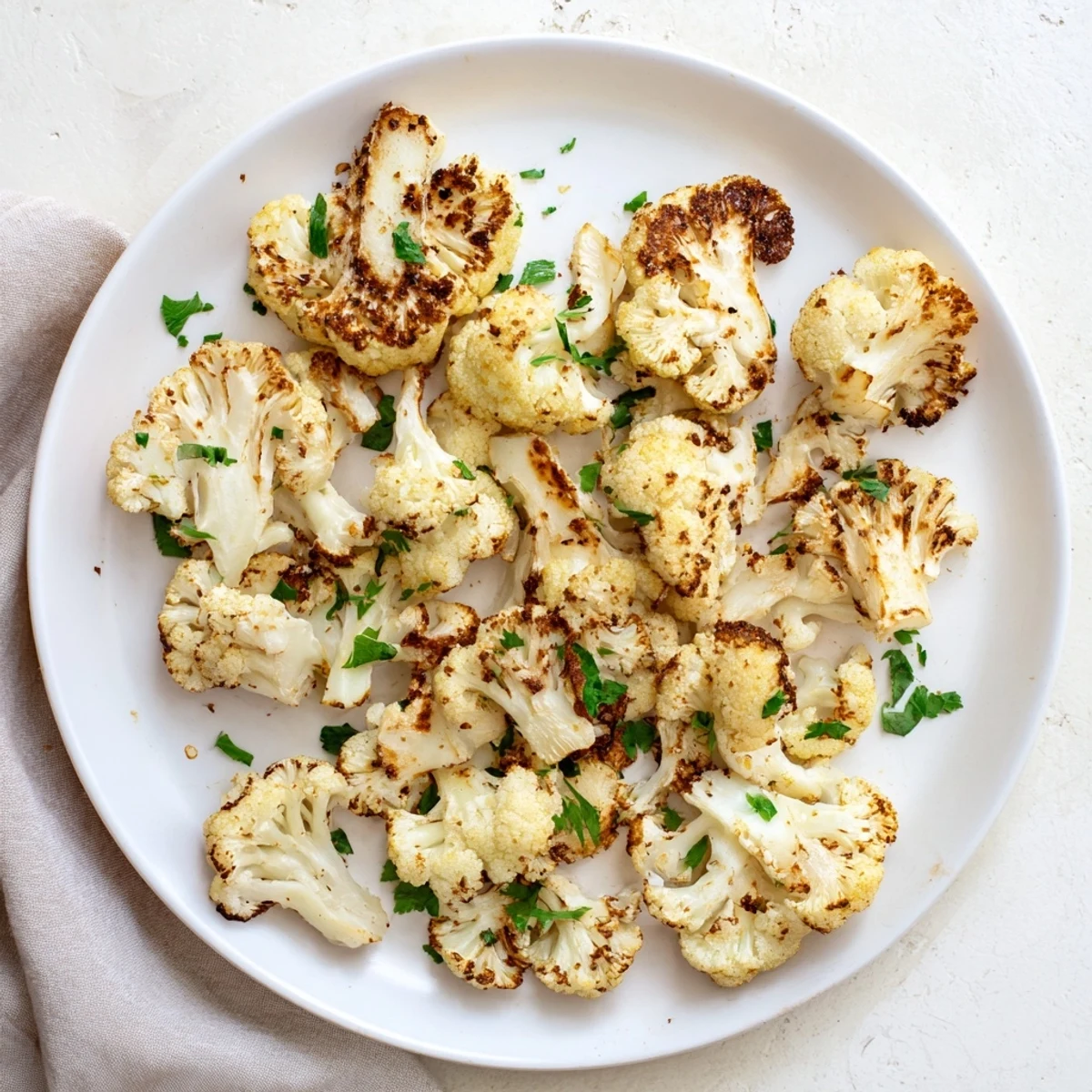 Tender Roasted Cauliflower seasoned with cumin and garlic powder, served warm as a healthy vegan side dish.