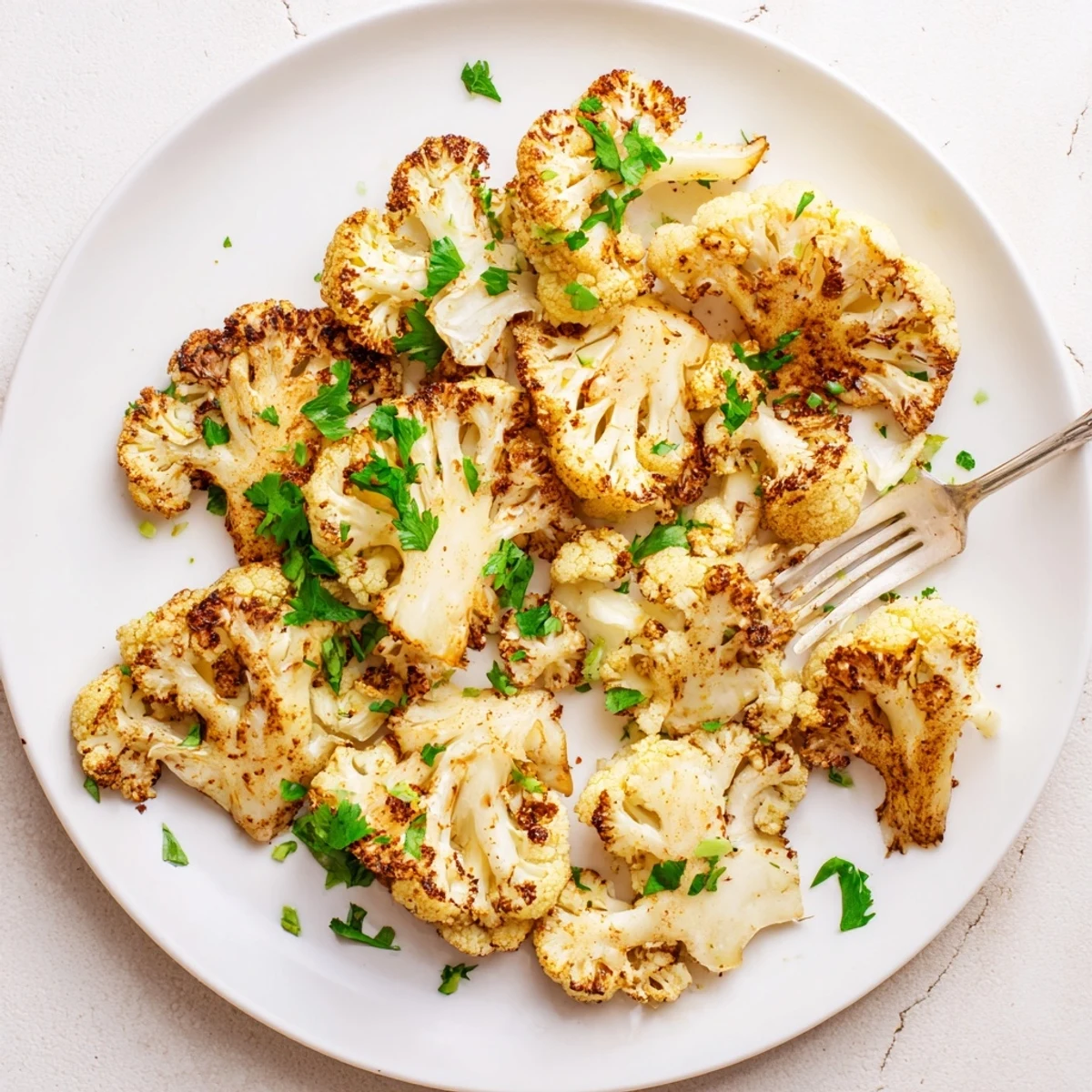 Perfectly caramelized Roasted Cauliflower tossed in olive oil, garnished with parsley and ready to serve for dinner.