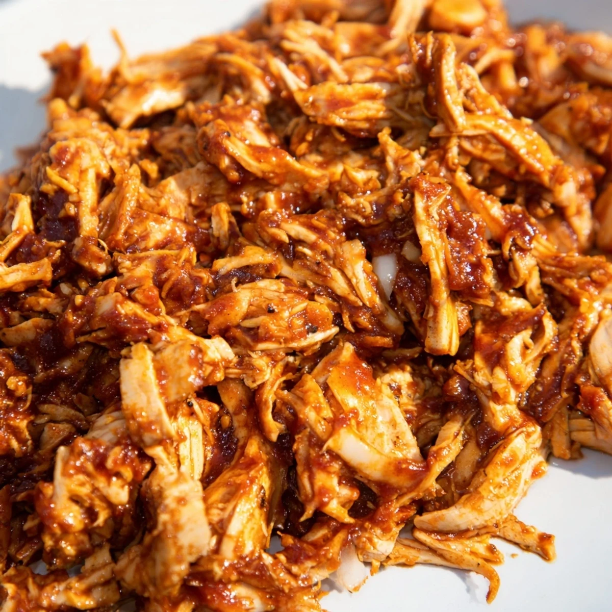 Slow cooker BBQ Pulled Chicken garnished with fresh parsley and barbecue sauce drizzle, ready for a hearty family dinner.