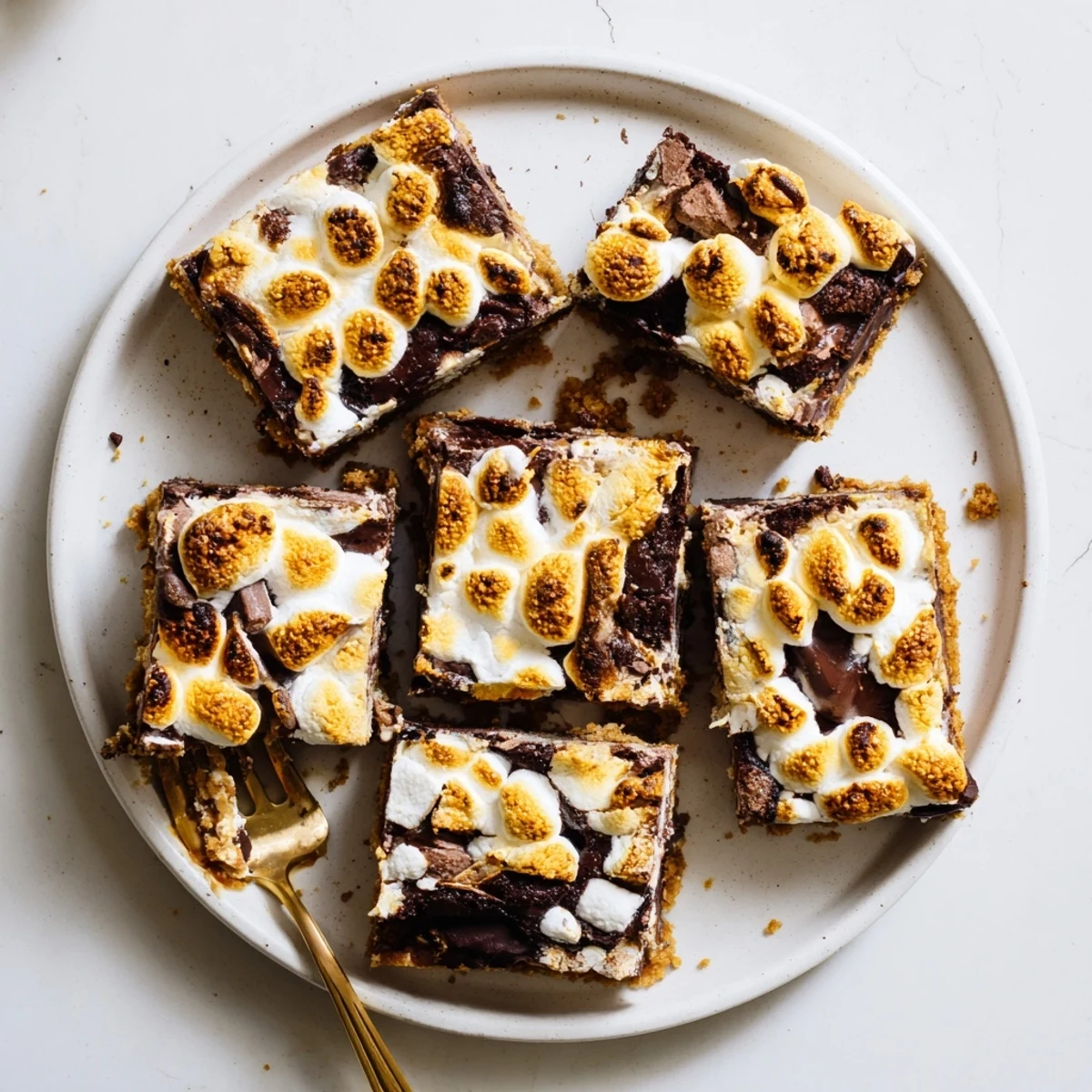 Golden toasted marshmallows melt over a rich chocolate layer of homemade S'mores Bars, served on a rustic wooden board.