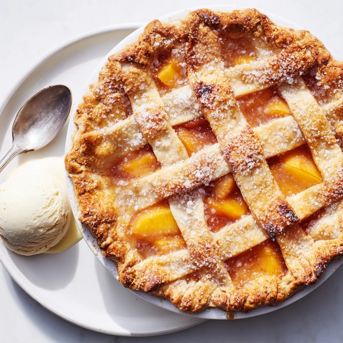 Warm slice of homemade Peach Pie topped with melting vanilla ice cream on a rustic table.
