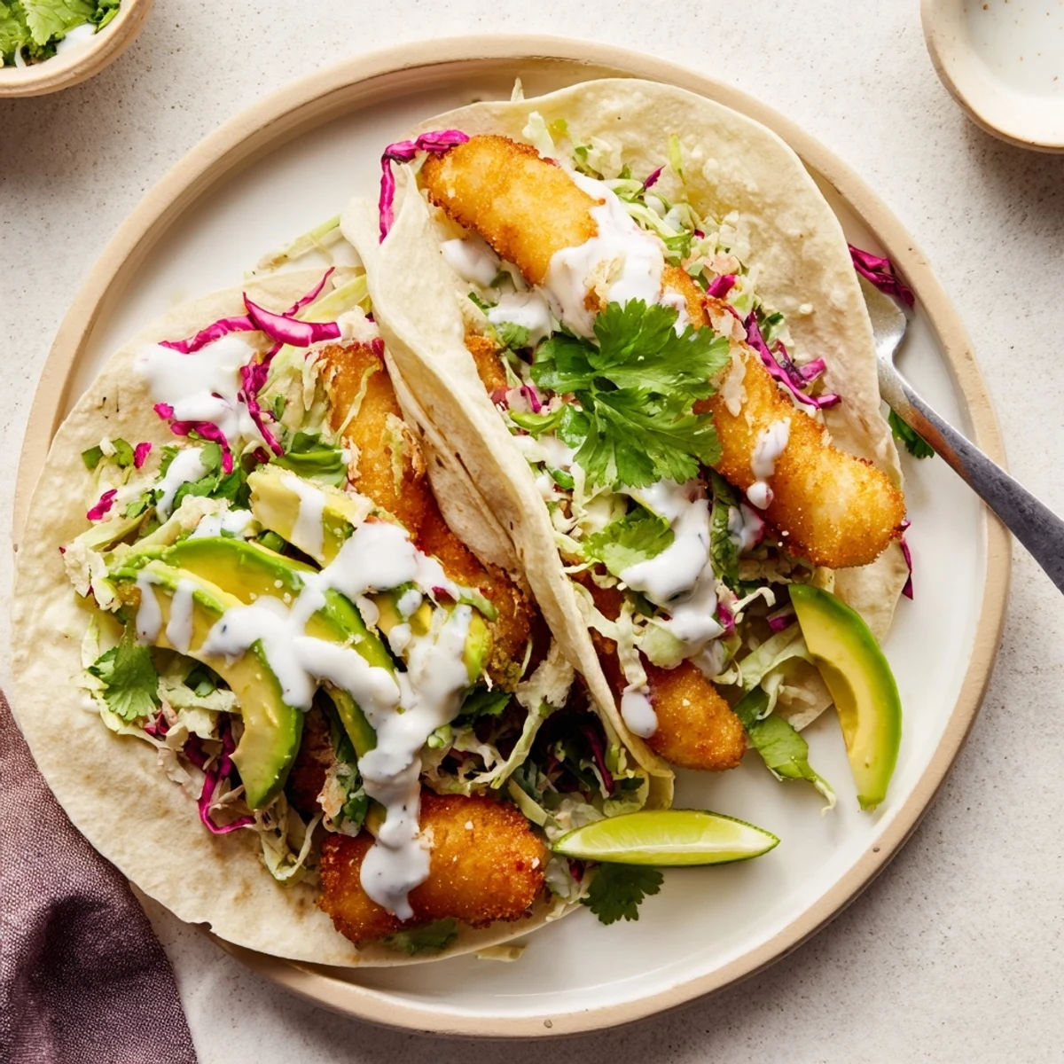 Golden-crisp battered fish strips piled on warm corn tortillas with shredded cabbage and creamy lime drizzle in Baja Fish Tacos.
