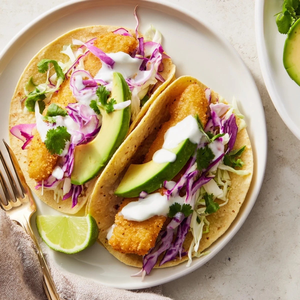 Freshly assembled Baja Fish Tacos on a plate with avocado slices, red onion, cilantro, and lime wedges for squeezing.