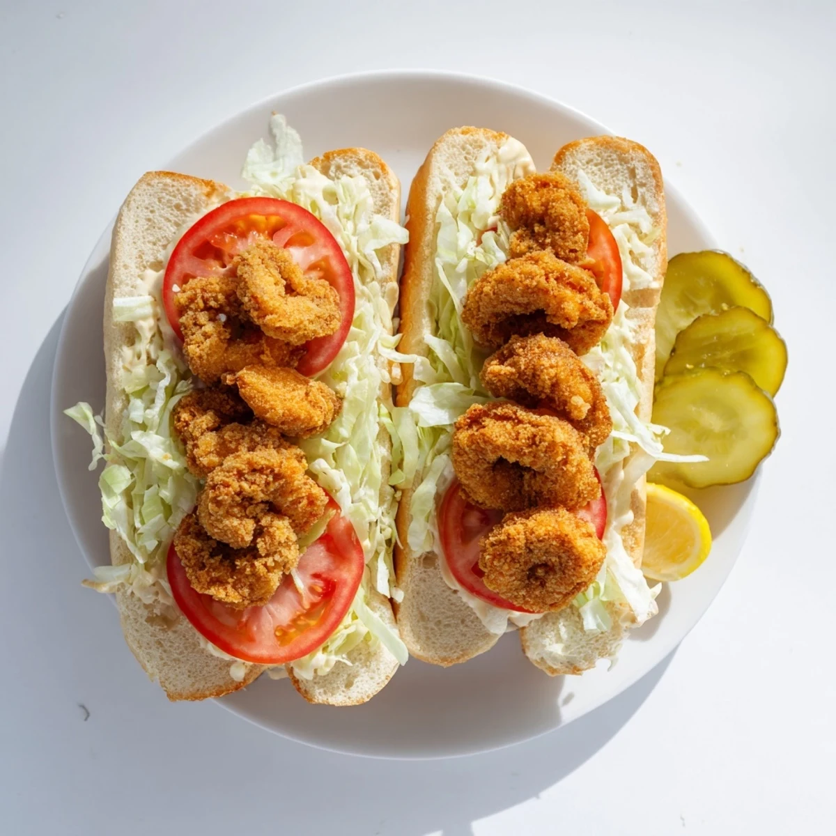 Crispy golden fried shrimp fill a soft French roll with lettuce and tomatoes in this classic Shrimp Po Boy sandwich.