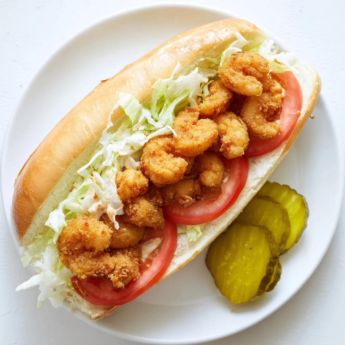 Overhead view of a Shrimp Po Boy with Cajun-seasoned shrimp, fresh lettuce, and ripe tomato slices on a hoagie roll.