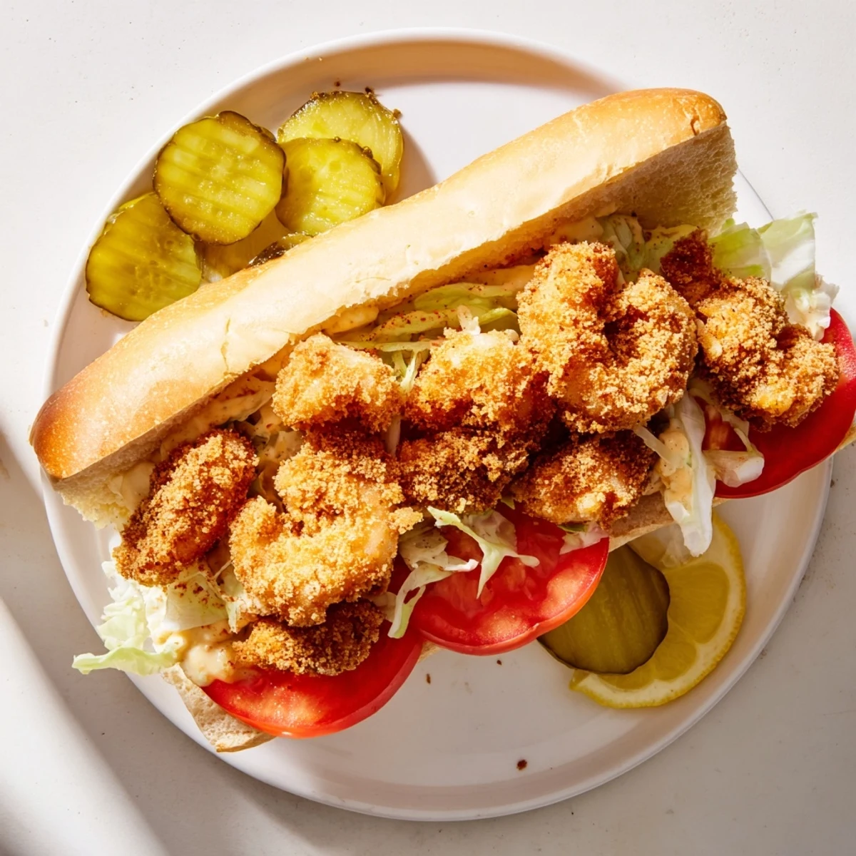 Served on a wooden board with lemon wedges, this Shrimp Po Boy showcases golden shrimp and creamy sauce.