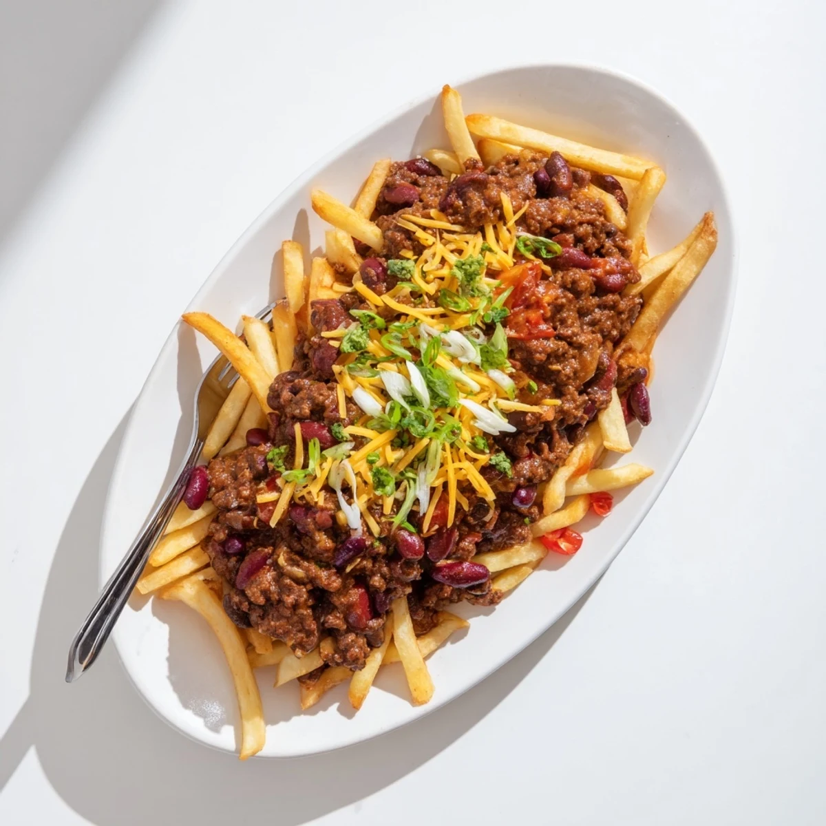 Freshly baked Chili Cheese Fries with melty cheese, chili, and optional sour cream.