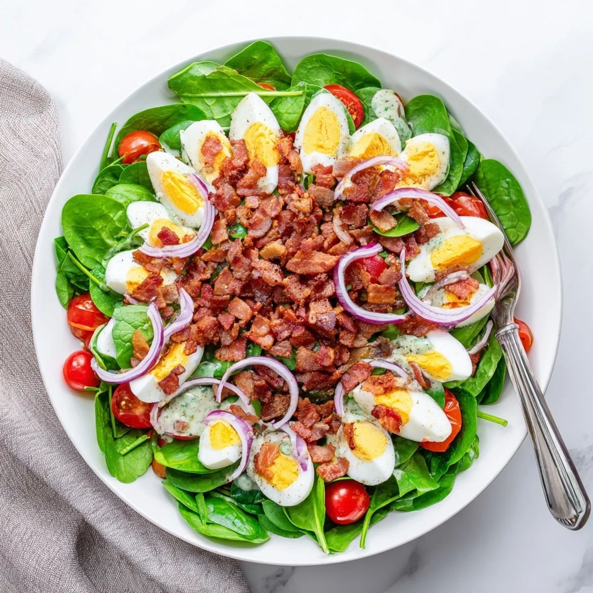 Bright baby spinach salad with crunchy bacon, halved cherry tomatoes, and red onion, drizzled with a zesty vinaigrette for a light dinner.