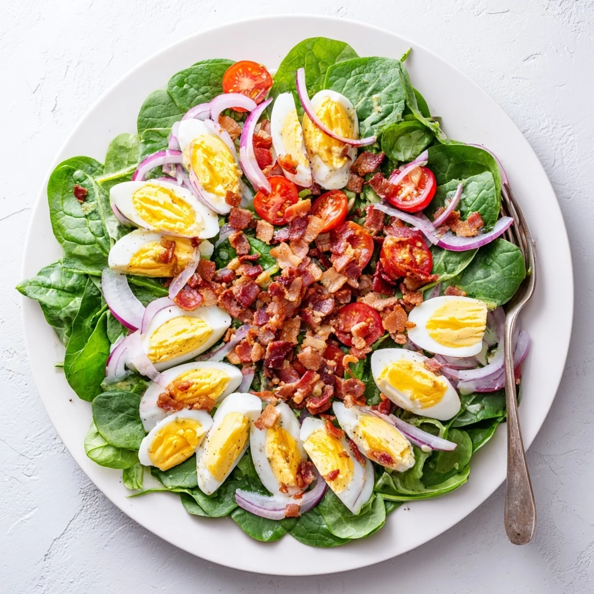 Healthy homemade Spinach Salad with Bacon featuring sliced boiled eggs, crisp bacon pieces, and fresh veggies, perfect for easy American meal prep.