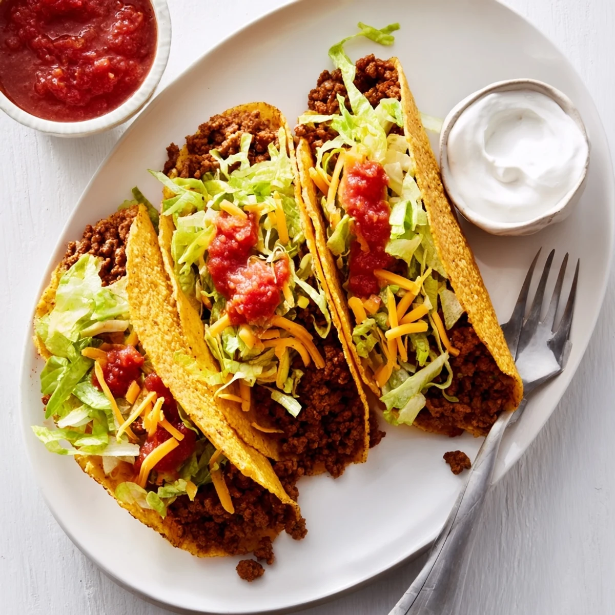 Served on a festive plate with sour cream and diced tomatoes, these homemade Beef Tacos are perfect for a quick family dinner.