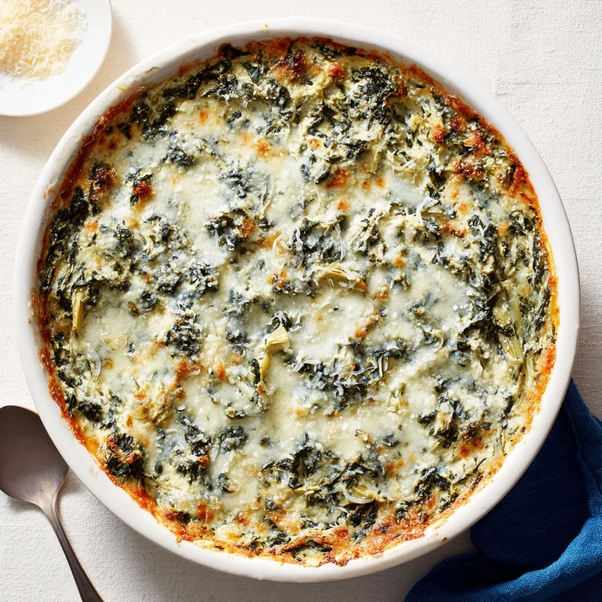 Golden, bubbly Spinach Artichoke Dip with melted mozzarella, served warm in a baking dish alongside toasted bread.