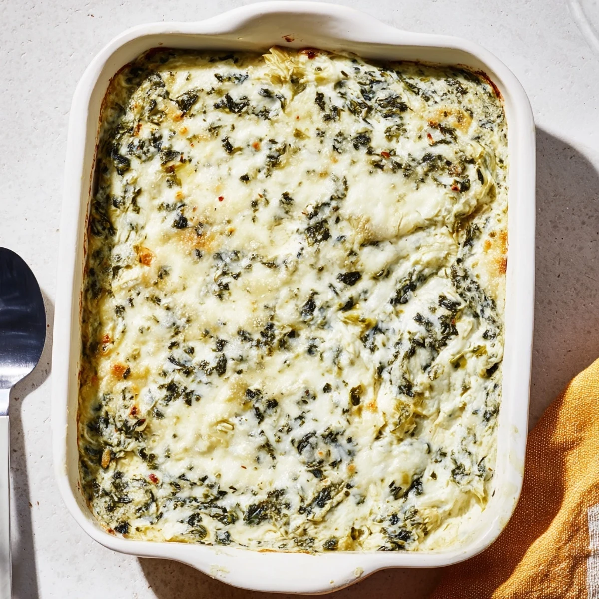 Fresh spinach and tangy artichoke hearts peek through creamy cheese in this homemade Spinach Artichoke Dip.