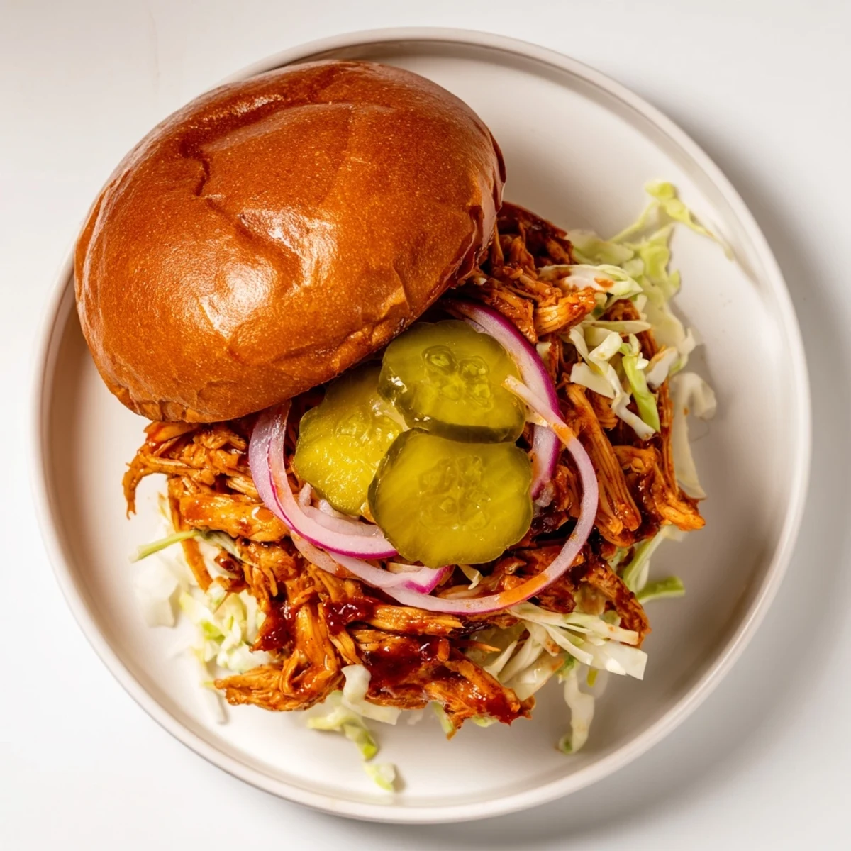 Golden toasted brioche buns stuffed with smoky BBQ chicken and creamy coleslaw, served with pickles.
