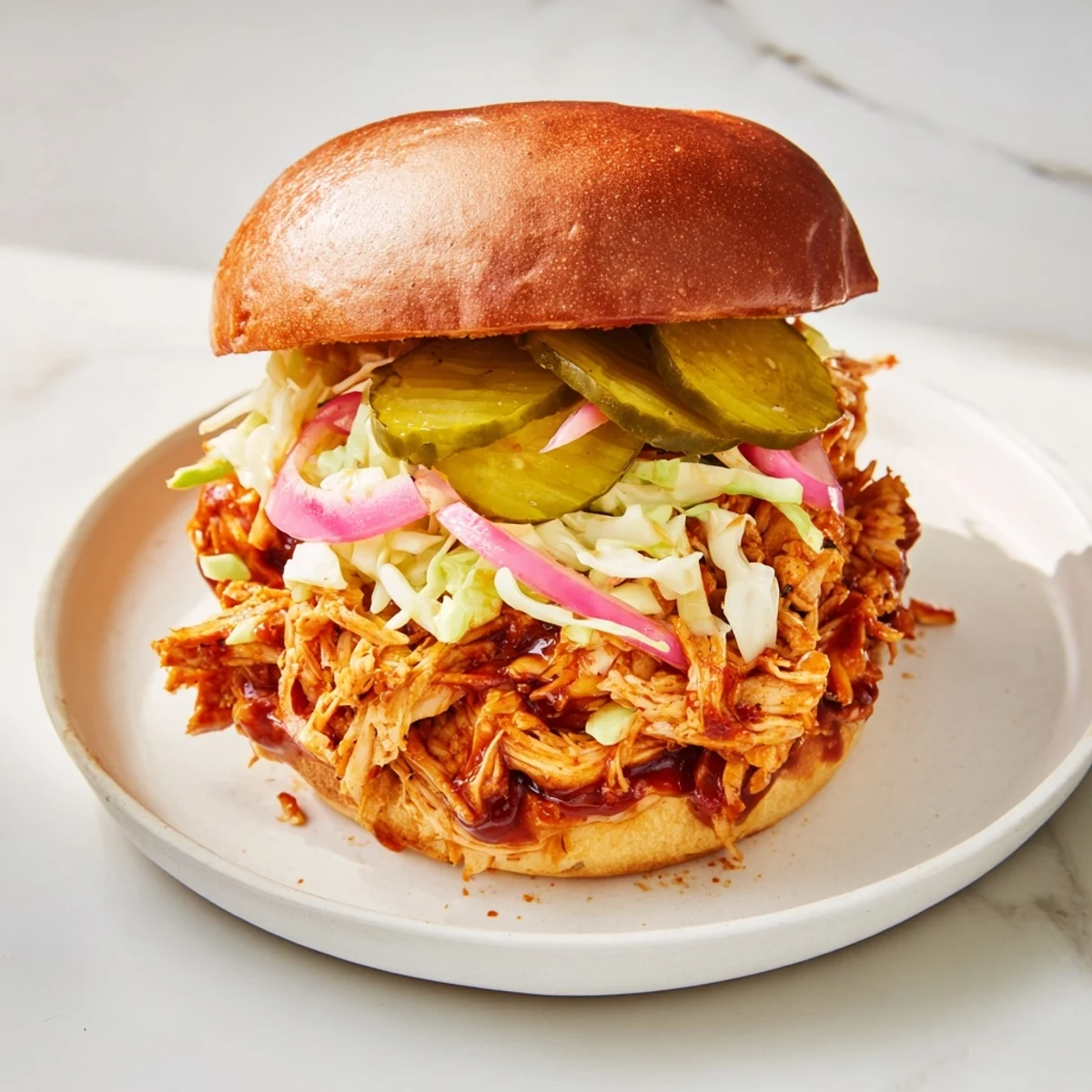 Close-up of a saucy BBQ Chicken Sandwich on a plate, ready to eat alongside crispy fries.