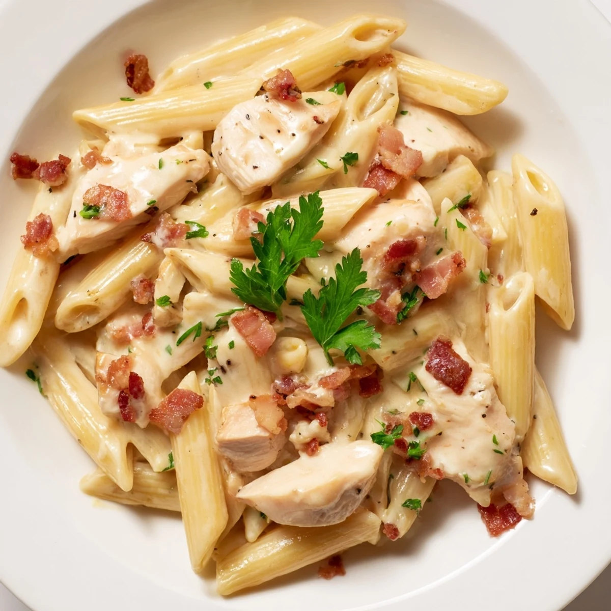 Creamy Chicken Bacon Penne pasta twirled on a fork, showcasing tender chicken pieces, crispy bacon crumbles, and a rich garlic-Parmesan cream sauce.