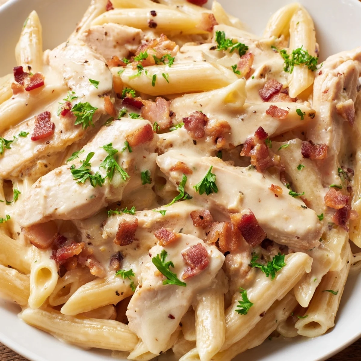 A close-up of Creamy Chicken Bacon Penne in a shallow bowl, garnished with fresh parsley and shaved Parmesan alongside a glass of white wine.