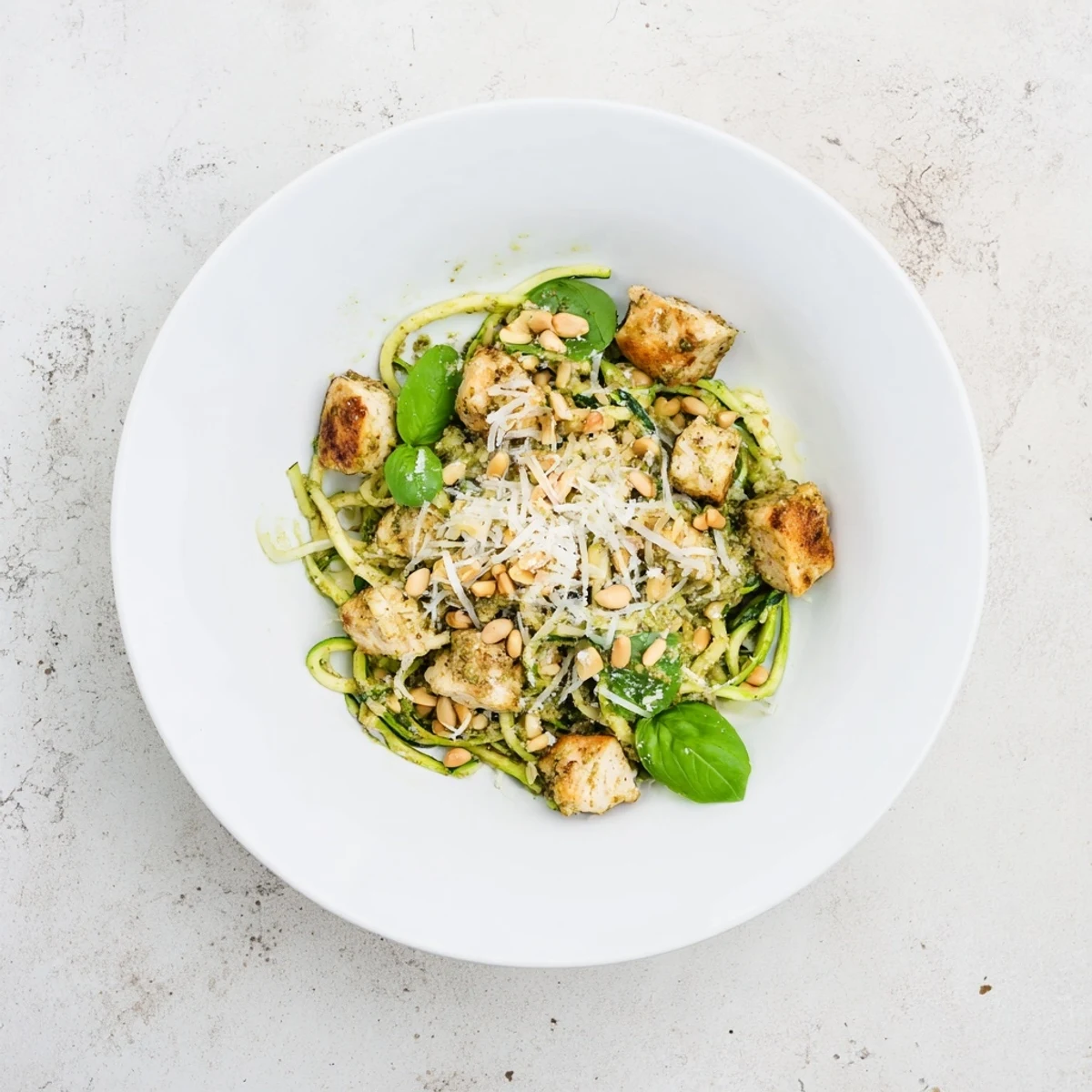 A close-up of Pesto Zucchini Chicken Bowl highlights golden chicken pieces mixed with spiralized zoodles.