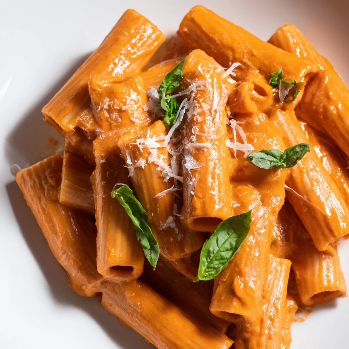 Creamy roasted red pepper pasta with penne tossed in a velvety sauce, topped with fresh basil and grated Parmesan.