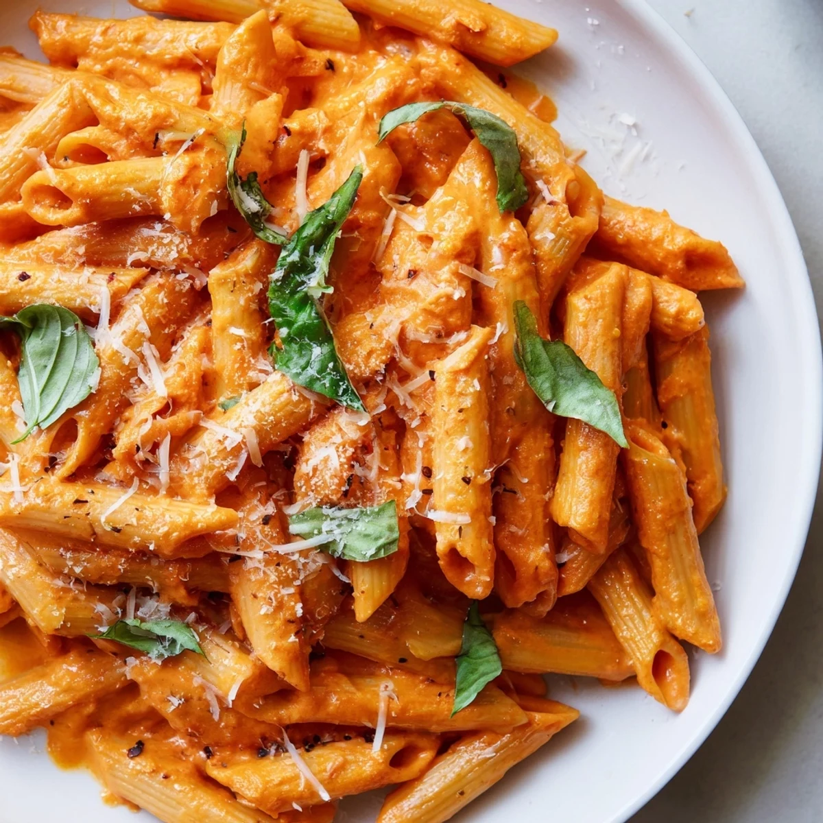 Vibrant roasted red pepper pasta served in a white bowl, garnished with torn basil and extra cheese, steam rising.