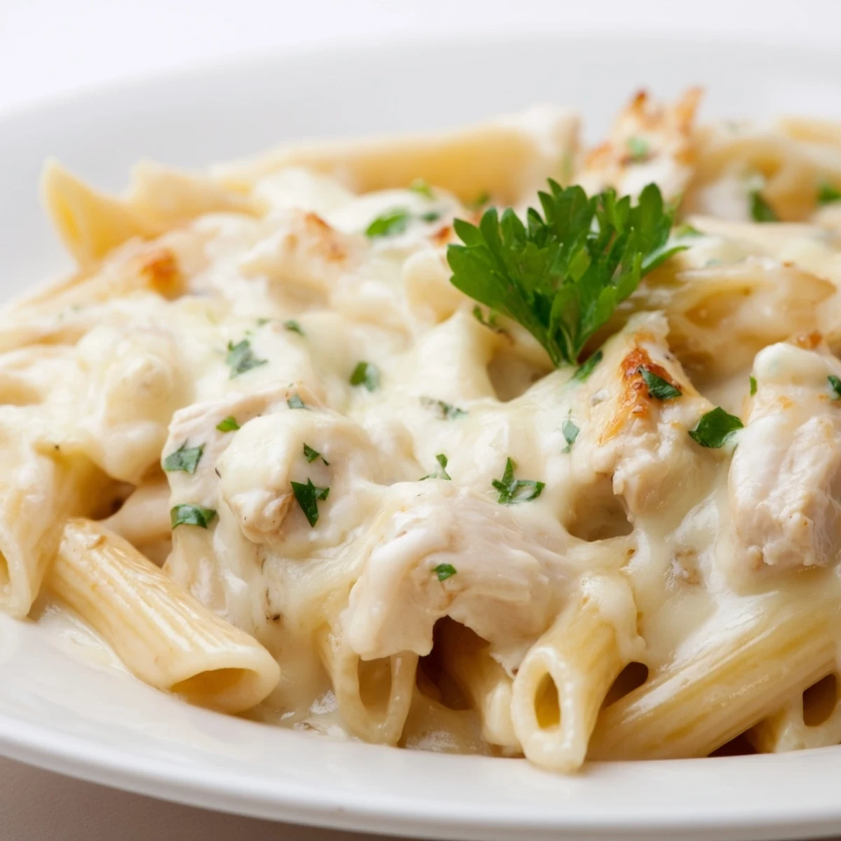 Golden-brown Chicken Alfredo Casserole fresh from the oven, featuring creamy sauce, tender chicken, and bubbly mozzarella.  