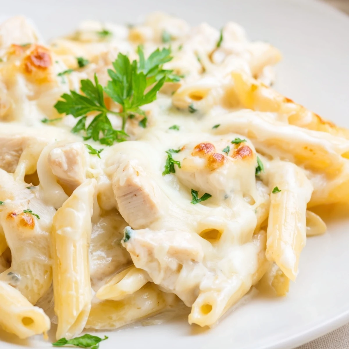 A close-up of Chicken Alfredo Casserole in a baking dish, garnished with fresh parsley for a family meal.  