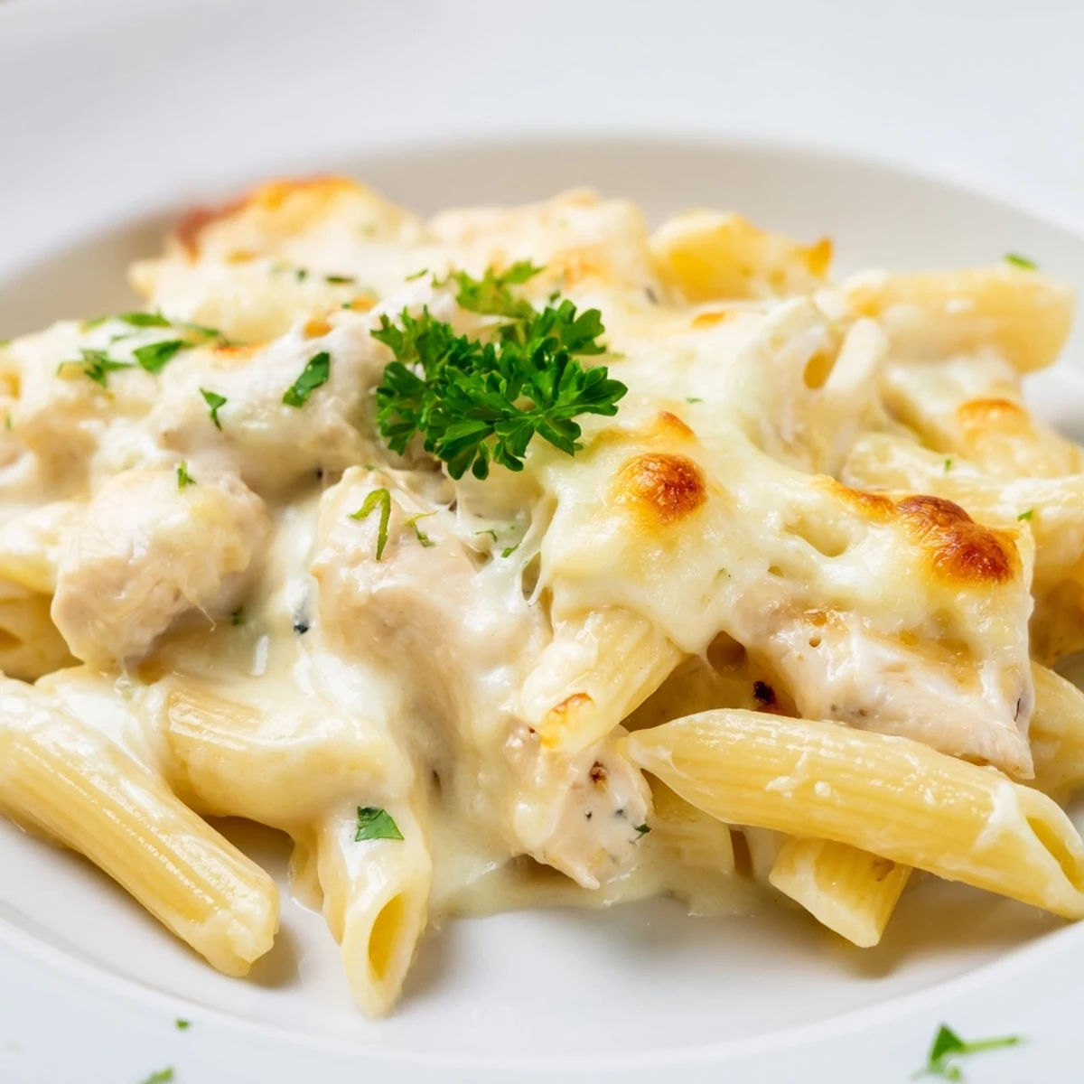 Serving spoon lifting a portion of Chicken Alfredo Casserole, revealing gooey cheese and hearty penne pasta inside.