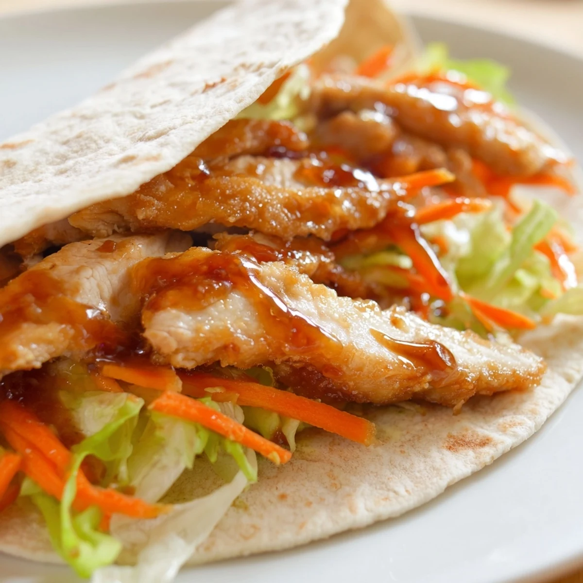 Slices of glazed honey sriracha chicken nestled in a soft flour tortilla with crisp veggies.