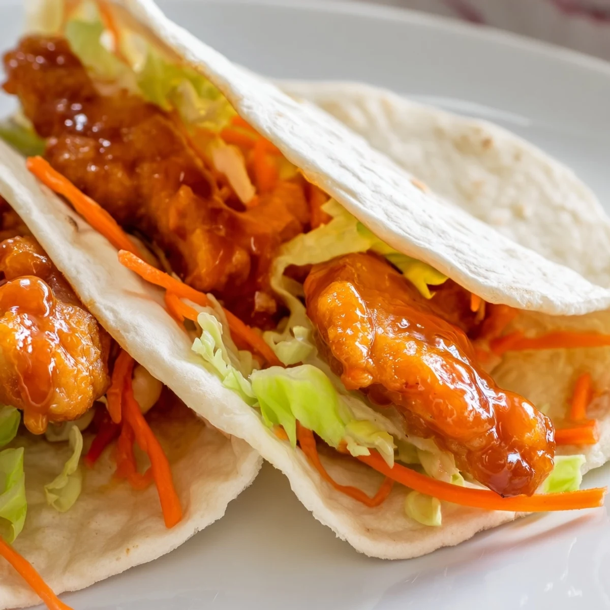 Folded honey sriracha chicken wrap on a rustic board, perfect for a quick, flavorful lunch.