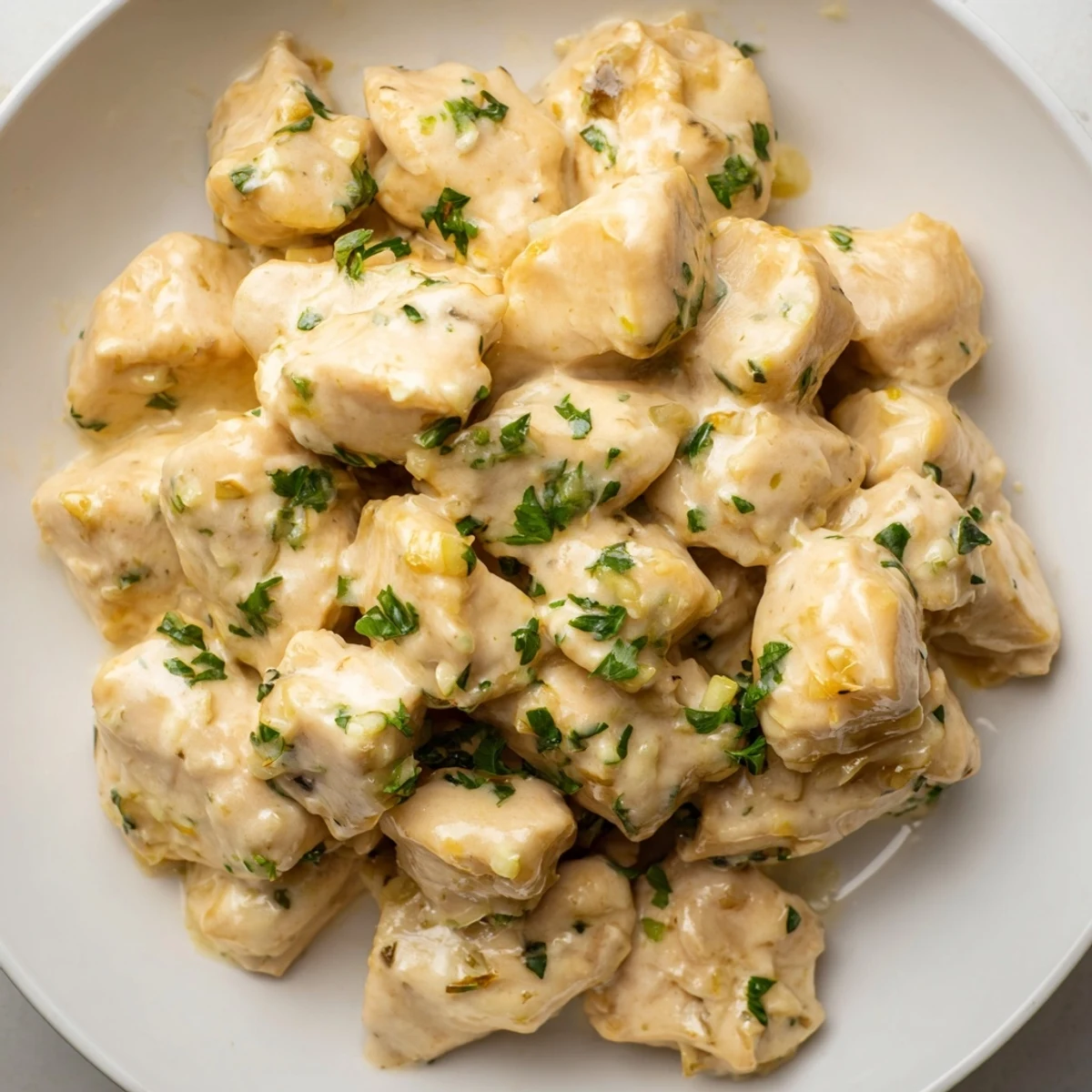 Golden-brown Creamy Garlic Chicken Bites simmering in a rich, velvety sauce, garnished with fresh parsley.  