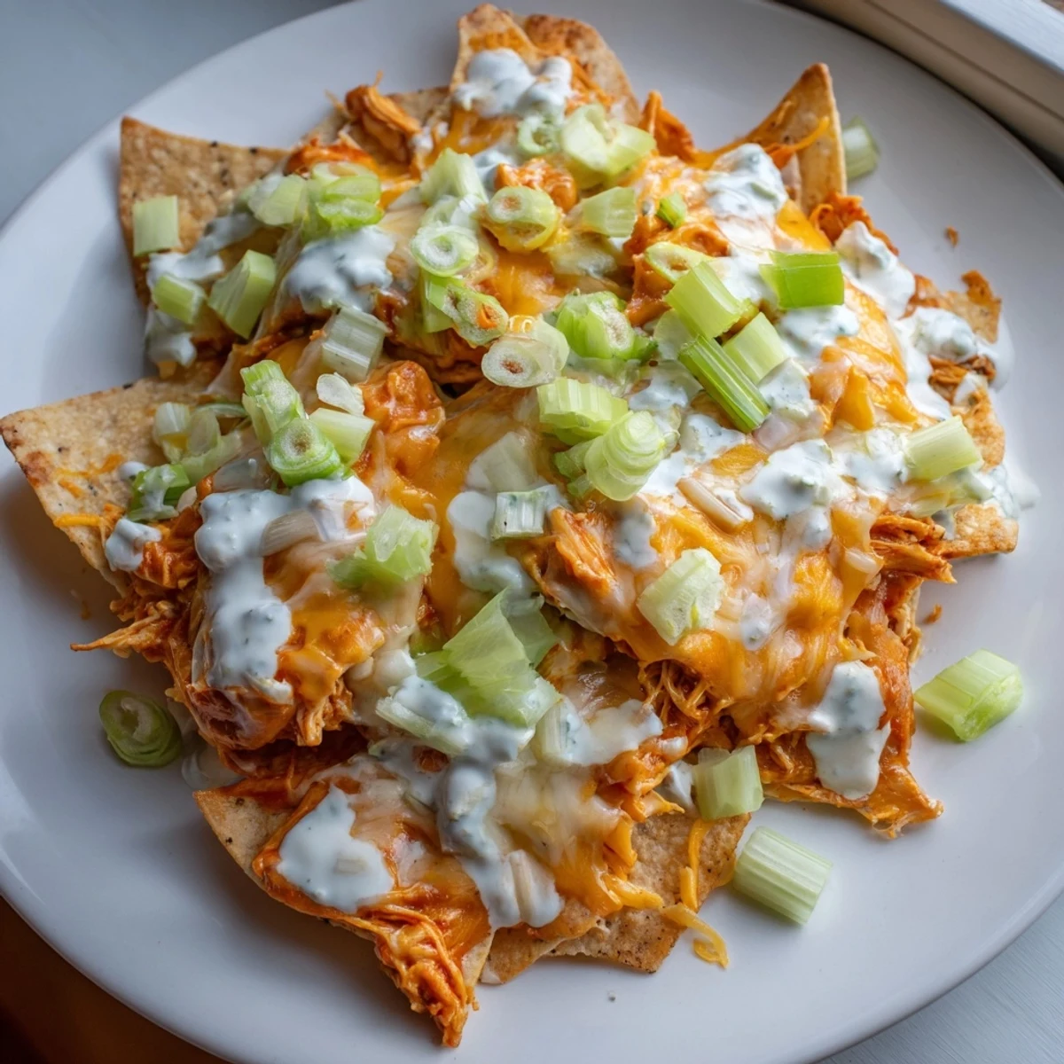 A close-up view of Buffalo Chicken Nachos, where crispy tortilla chips support shredded buffalo chicken and a blanket of melted cheddar and Monterey Jack cheese, ready for a cool ranch drizzle.