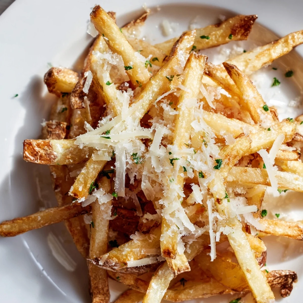 A close-up of golden Truffle Parmesan Fries, aromatic and savory, ideal for a snack or side.