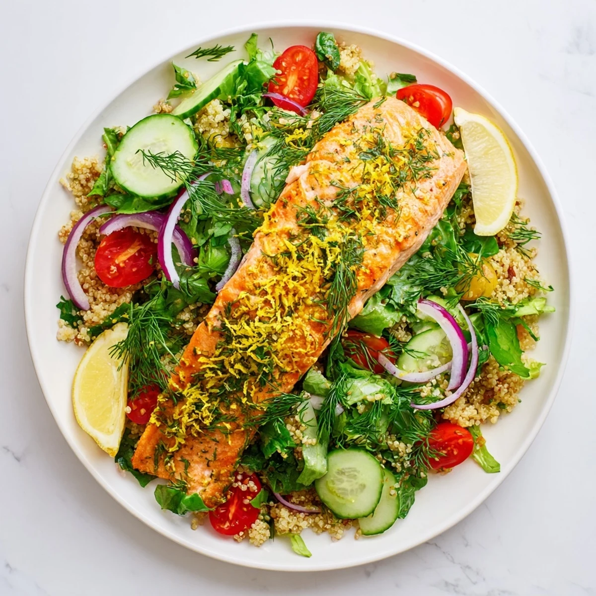 A plated Lemon Herb Salmon Salad with flaky baked salmon, fluffy quinoa, and crisp greens topped with a zesty citrus vinaigrette.