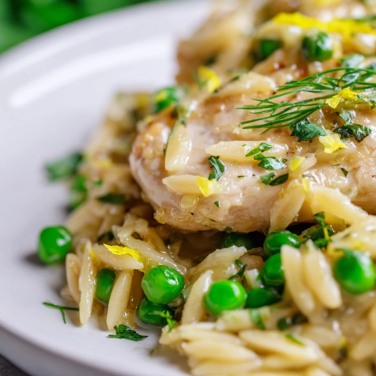 Bright yellow orzo and tender golden chicken pieces simmer in a zesty lemon herb sauce, topped with fresh green peas and chopped parsley.